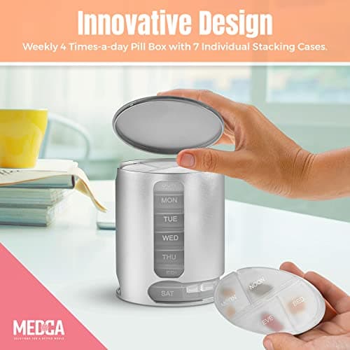 Stackable Daily Pill Organizer - Premium Weekly Medication Reminder with 7 Individual Stacking Cases - Weekly AM/PM Pill Box with 4 Times a Day, a Everyday Medicine Organizer for Vitamins, Silver 7