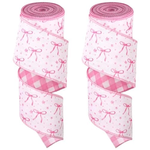 2 Rolls 10 Yards Pink Bow Wired Edge Ribbon 2.5 Inch Coquette Bow Fabric Craft Ribbon for Wreath Bow Making Gift Wrap Supplies Wedding Bridal Shower Bachelorette Party Home Decor