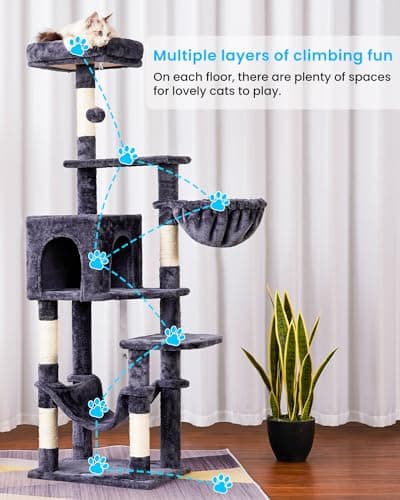 Hey-brother Cat Tree with Large Hammock, Multi-Level Cat Tower for Indoor Cats, Cat Condo with Sisal-Covered Scratching Posts and Top Perch, Smoky Gray MPJ050G 6