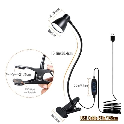 CeSunlight CRI 90+ Clip on Reading Light, Small Clamp on Desk Lamp, 3000K-6500K Adjustable Color Temperature, Gooseneck Bed Clip Light for Headboard(Adapter Included) 7