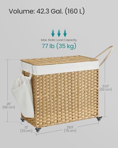SONGMICS Laundry Hamper with Lid, 42.3 Gallons (160 L), Rolling Laundry Basket with Wheels, 3-Section Synthetic Rattan, Removable Liner, Bedroom, 29.9 x 13 x 26 Inches, Natural ULCB365N01 5