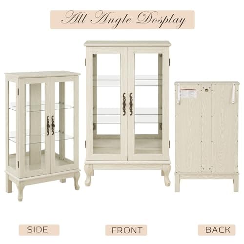 44" Small Lighted Glass Accent Curio Cabinet, Vintage China Cage with 2 Tempered Glass Doors & Adjustable Shelves, Acrylic Pane, Elegant Wine Artwork Showcase Rack for Living Room (Antique White) 8
