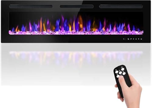 BETELNUT 60" Electric Fireplace Wall Mounted and Recessed with Remote Control, 750/1500W Ultra-Thin Wall Fireplace Heater W/Timer Adjustable Flame Color and Brightness, Log Set & Crystal Options
