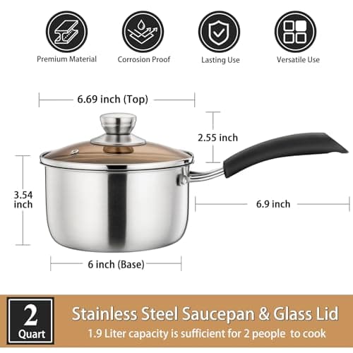 P&P CHEF 2 Quart Saucepan Small Pot, Stainless Steel Saucepan with Lid, Small Sauce Pan for Home Kitchen Restaurant Cooking, Visible Glass lid & Bakelite Heat-Proof Handles,Dishwasher Safe, 1 Pc 5