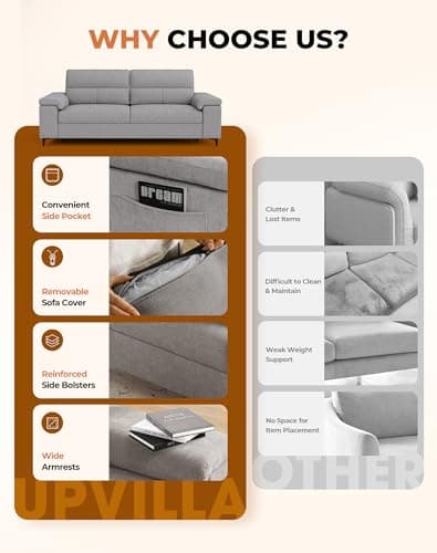 Upvilla 88.97" Modern Sofa Couches for Living Room, Deep Seat Sofas with 8”Cushion, Comfy 2-Seater Chenille Loveseat with Convertible Armrest, Removable Sofa Cover, High Leg(Light Gray) 6