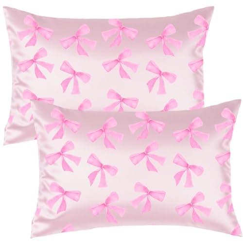 YZFDUI Pink Bow Satin Pillowcase for Hair & Skin Care, Standard Size Set of 2 - Luxurious Satin Pillow Cover with Envelope Closure(20x26 Inches)