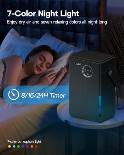Lacidoll Small Dehumidifier with Drain Hose, 118oz Portable Dehumidifier for RV Camper Bathroom Bedroom Basement Laundry Room, Quiet Dehumidifiers for Home up to 800 sq ft, 7 Colorful Light, Black 7