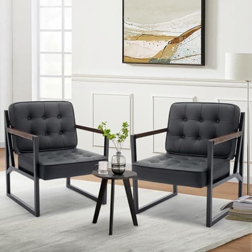 COLAMY Mid Century Modern Accent Chair Set of 2, Comfy Living Room Chair, Black Leather Accent Chair, Faux Leather Reception Armchair with Metal Legs for Living Room Bedroom Reception Office, Black 6