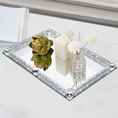 YCWF Mirror Perfume Tray for Dresser,Crushed Diamond Filled Glass Vanity Tray,Decorative Bathroom Tray,Crystal Tray for Home Decorative,Party,Hotel Banquet,11.8"x 7.9"x1.2",Silver 5