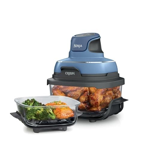 Ninja FN100ND Crispi Air Fryer, Microwave, Freezer & Dishwasher Safe, Non Toxic Glass Portable Cooking System, 4 QT & 5 Cup Glass Containers with Storage Lids, Easy Meals, Blue (Renewed)