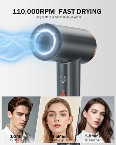 Rukebas Professional Ionic Hair Dryer 1400W with Diffuser & Concentrator - 4 Speed/Heat Settings, Lightweight Fast Drying for Home Travel, Includes Brush Head & Replacement (120V 1.4kW) 4