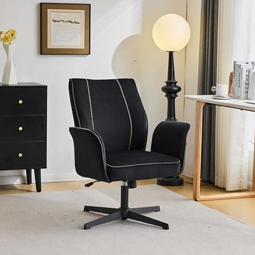 VINGLI Bloom Chair,Comfy Home Office Desk Chair No Wheels,Padded Armrests,Aesthetic Vanity Accent Chair with Back,360° Swivel Rolling for Task,Nail Tech,Dinning,Sewing,Study,Bedroom,Velvet,Black