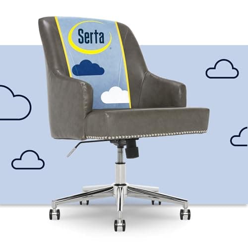 Serta Leighton Home Office Desk Chair, Mid-Back with Chrome Nailheads, Memory Foam Cushion and Padded Arms, Mid Century Modern Vanity Armchair with Wheels, Swivel Base, Bonded Leather, Gray