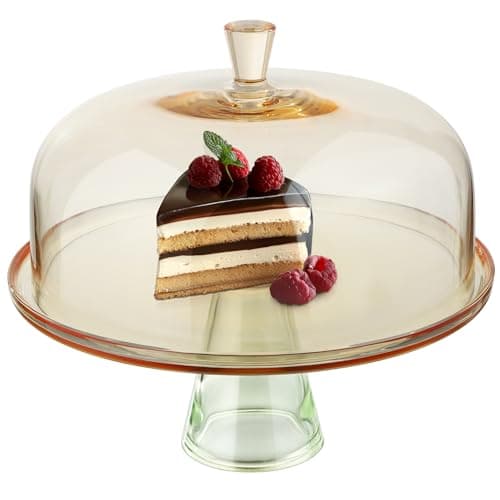 ELIXIR GLASSWARE Large Cake Stand with Dome Lid - 13" (33cm) Elegant Footed Covered Cake Plate - Green Foot and Amber Pedestal Plate - Hand-Blown Glass Covered Dessert Stand
