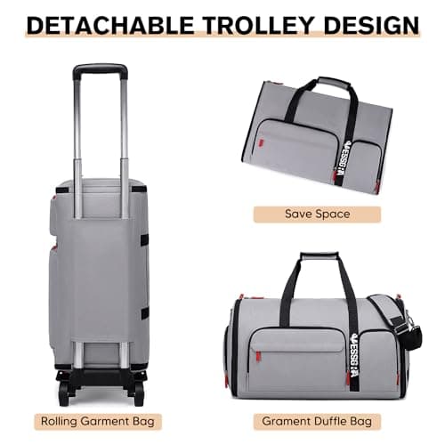 Vessgra Rolling Garment Bags for Travel, Garment Bag with Wheels, Convertible Garment Duffel bag, Carry On Garment Bag with Shoe Compartment, Rolling Duffel Bag with Detachable Trolley System-Grey 2