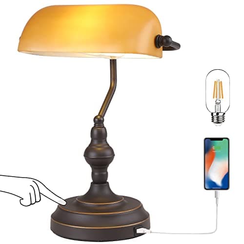 Liylan Banker Desk Lamp Touch Control, Vintage Banker's Desk Lamp with USB Port, 3 Way Dimmable Desk Lamps, Farmhouse Library Lamp Oil Rubbed Bronze for Office, Study Room