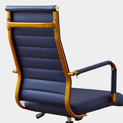 Livinia Modern Executive Office Desk Chair, Chrome & Leather Conference Room Swivel Chairs with Ribbed High Back, Adjustable Height, Removable Armrest, and Wheels for Home Office (Navy(Gold))