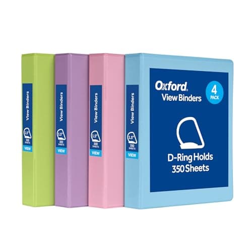 Oxford 3 Ring Binders, Binders for School and Office, 1.5 inch, Slant D Rings, 375 Sheet Capacity, ClearVue Presentation, Non-Stick, PVC-Free, Assorted Pastel Colors, 4-Pack (1002482)
