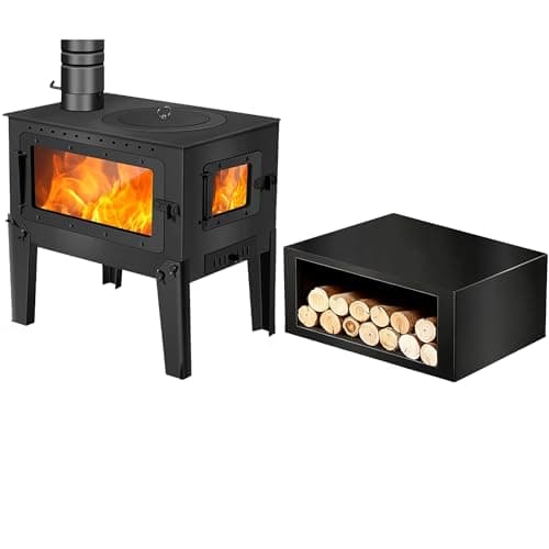 New FENGXCXY Wood-Burning Stove with dual viewing windows, 4-leg multifunctional fireplace, and pellet stove thermostat. Heats homes and offices up to 540 square feet. Easy to clean. Black.
