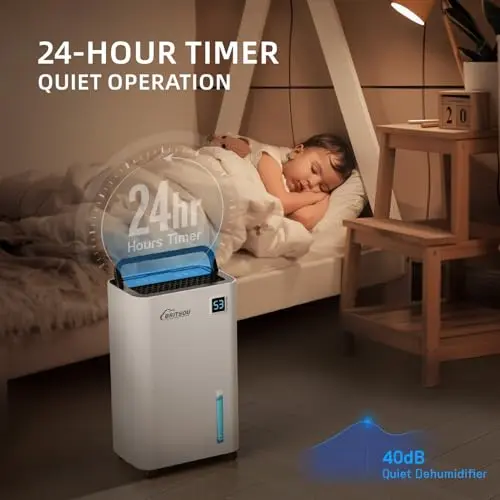 Britsou 50 Pints Dehumidifier for Basement with Drain Hose - Quiet Smart Operation with 3 Modes, 24HR Timer - Ideal for Home Bedroom, Bathroom, Small to Large Rooms 6