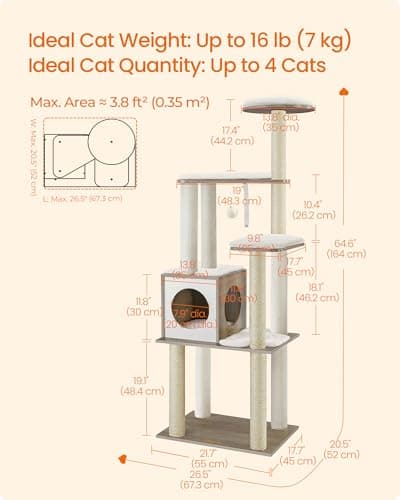 Feandrea Cat Tree, 64.6-Inch Modern Cat Tower, Multi-Level Condo with 5 Scratching Posts, Perch, Washable Removable Cushions, Cave, Heather Greige UPCT166G01 5