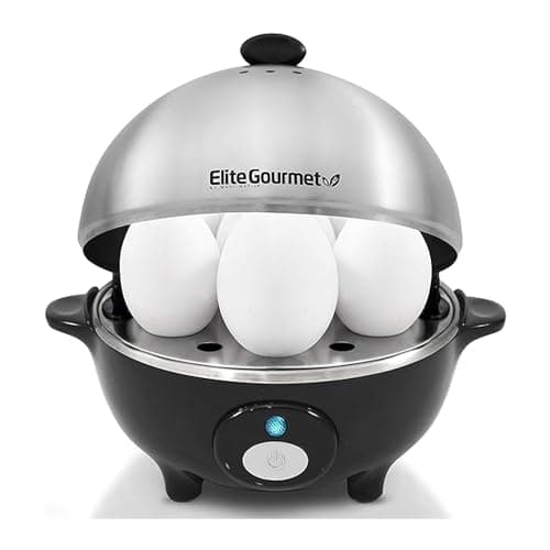 Elite Gourmet EGC-508 Rapid Egg Cooker, 7 Easy-To-Peel, Hard, Medium, Soft Boiled Eggs, Poacher, Omelet Maker, Auto Shut-Off, Alarm, 16-Recipe Booklet, Stainless Steel