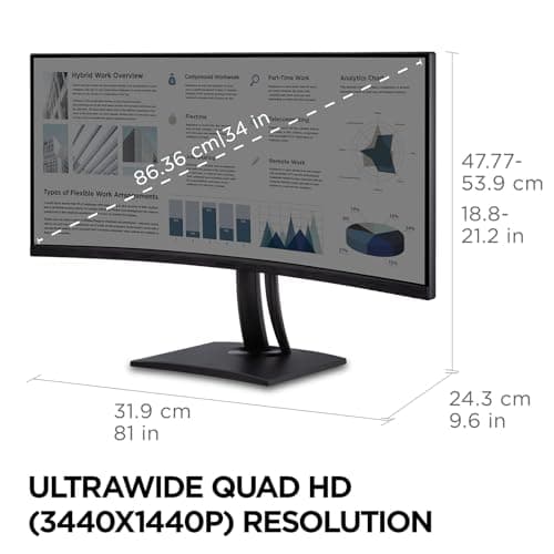 ViewSonic VP3456A 34 Inch Ultrawide QHD 1440p Curved Monitor with 100W USB C, Ethernet RJ45, FreeSync, USB Hub, 100% sRGB, 14-bit 3D LUT 5