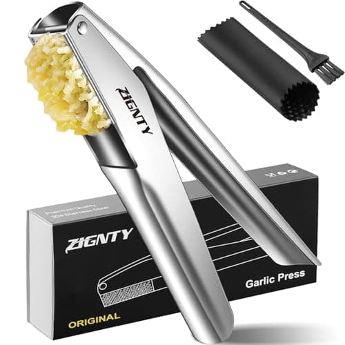 ZIGNTY Garlic Press Stainless Steel，Premium Garlic Mincer Tool，No Need to Peel Garlic Ginger Crusher & Masher Easy Squeeze Large Trough Ergonomic Handle，Rust Proof，Dishwasher Safe (5 Years Warranty)