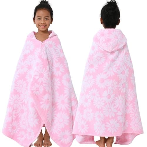 Hooded Bath Towels for Kids (3-10Years) - Soft, Absorbent Turkish Cotton Thick Pool Towels with Hood for Toddler,Perfect for Bath | Beach | Pool | Swim, Jacquard, Pink with White Daisys Theme