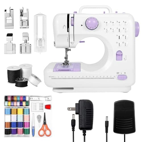 Sewing Machine for Beginners – Clearance！12 Built-in Stitches, 2 Speed Foot Pedal, LED Light, 32-Color Thread Kit, Mini Electric for Kids & Adults, Portable Home Mending & Crafting – Only