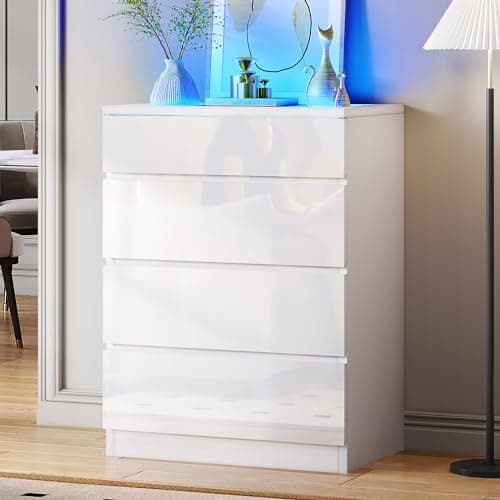 DWVO 4 Drawer Dresser with LED, White Dresser, Modern 4 Chest of Drawers with Deep Drawers Tempered Glass Top High Gloss Surface, Divider Storage Organizer Cabinet for Living Room