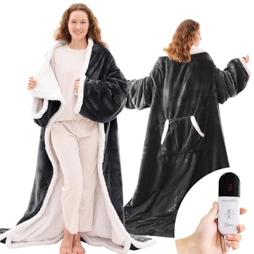 JOLLYVOGUE Wearable Heated Blanket - Heating Electric Blanket with Sleeves & Foot Pocket, Heated Throw for Adult, Birthday Gifts with 7 Heat Settings & fixed 4h Auto Shut-off (50*70 Inch, Dark Grey)