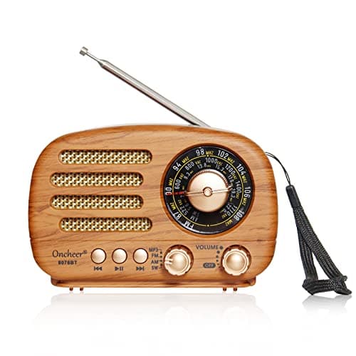 Oncheer Portable Vintage Decor Radio, Retro Bluetooth Speaker, FM/AM/SW Old Fashion Classic Style, Adjustable Antenna, Rechargeable Battery Powered, Support TF Card, USB Playing Music-Light Color