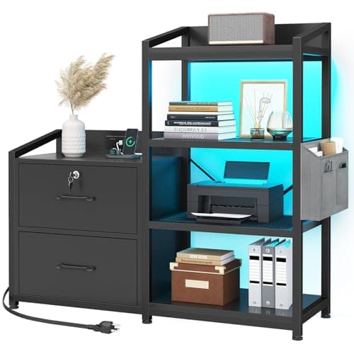 SEDETA 35.4” File Cabinet, Filing Cabinet fits Letter/A4 Size, 2 Drawe File Cabinets for Home Office with Power Strip, LED Lights, Lock, Open Shelf, Black 8