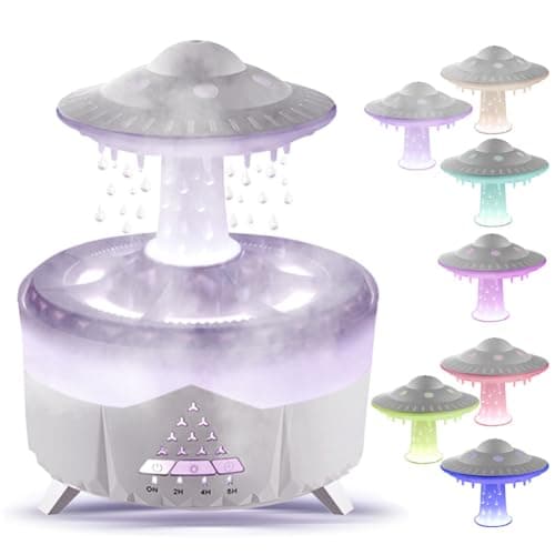 Rain Humidifier, 5 in 1 Ultrasonic Mushroom Cloud Umbrella Aroma Diffuser Rain Humidifier Water Drip, Color Lights Rain Drop with Rain Sounds, Relaxing Diffusers for Home Bedroom Office Spa