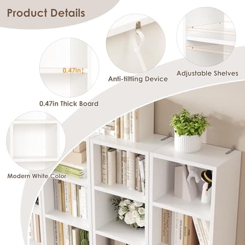 FOTOSOK White Bookshelf 8-Tier Media Tower Rack, 11.6 X 9.3 X 70.9 Inches CD DVD Slim Storage Cabinet with Adjustable Shelves, Tall Narrow Bookcase Display Bookshelf for Home Office, White 6