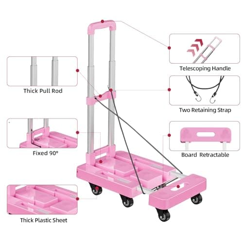 Folding Hand Truck, Foldable Cart for 500 lbs Heavy Luggage, Hand Truck Dolly, 6-Wheel Foldable Dolly with 2 Ropes, Ideal for Home, Office, and Travel Moving (Pink) 6
