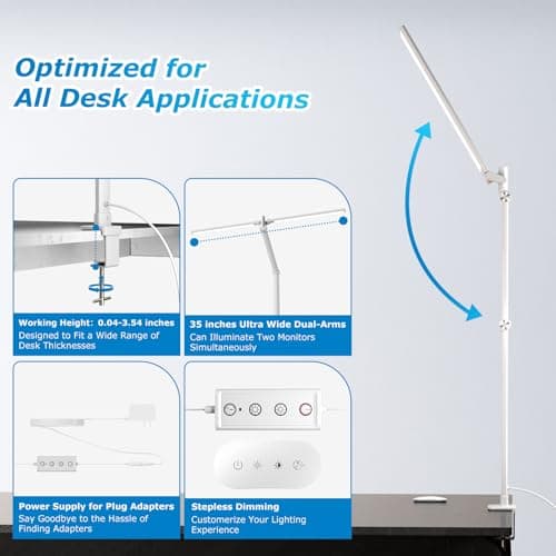Airlonv LED Desk Lamp, Double Swing Arm Wide Lighting Area Desk Lamps for Home Office with Stepless Dimming, Eye-Caring Architect Desk Light with Clamp for Reading, Study, Workbench, Drafting(White) 5