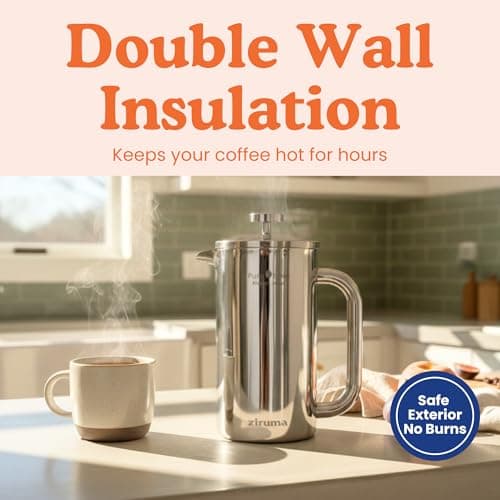 Ziruma Non-Toxic French Press, Surgical Stainless Steel Coffee Press, Plastic-Free, Heavy Metal-Free, No Endocrine Disruptors, 34 Oz, Double Wall, 4-Layer Filter, Portable Coffee Maker 6
