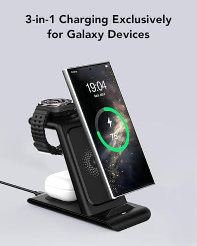 3 in 1 Wireless Charging Station for Samsung Wireless Charger for Galaxy Watch 8/7/6/5/Pro, Galaxy S25/Edge/Ultra/S25+/S24/S23/Note 20/10/Z Flip 7/6 Fold 7/6 Galaxy Buds 3/2/Pro/Live Multiple Devices 5