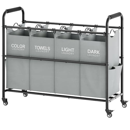 Tajsoon 4 Bag Laundry Sorter Cart, 4 Section Laundry Hamper Sorter with Heavy Duty Lockable Rolling Wheels, Laundry Separator Hamper with Removable Bags for Dirty Clothes Storage, Grey