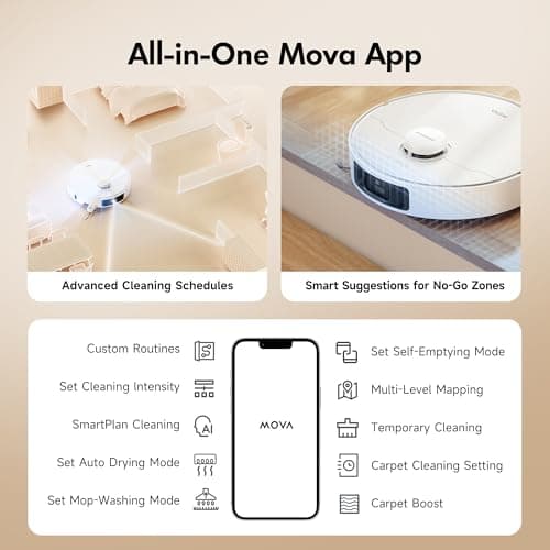 Mova P10 Pro Ultra Robot Vacuum and Mop 13,000Pa Suction, 140°F Hot Water Auto Mop Washing & Drying, Dual Spinning Extenable Mop,10.5mm Lifting for Carpet, 360°Obstacle Avoidance, App Control 7