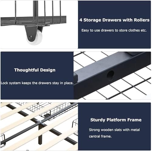 VECELO Full Size Bed Frame with 4 Storage Drawers, Adjustable Height Headboard, Heavy-Duty Platform Bedframe with Strong Wooden Slats, No Box Spring Needed, Beige 5