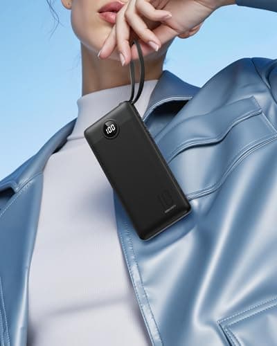 Coowisty Portable Charger with Built-in Cables, Slim 10000mAh Power Bank with USB C, Travel Essentials External Battery Pack 5 Outputs 2 Inputs LED Display Compatible with iPhone/Android & More(Black) 8