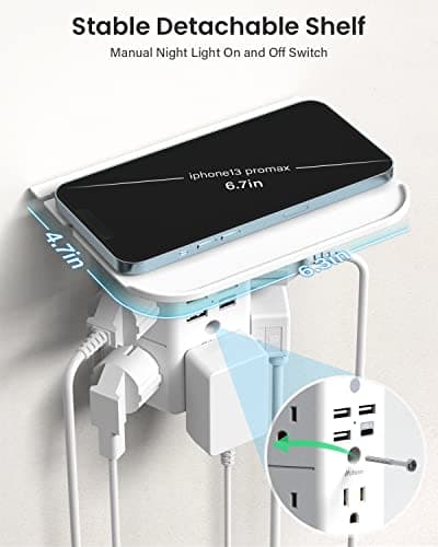 Wall Outlet Extender with Shelf and Night Light, Surge Protector, Wall Mount Charger Multi Plug Expander with 5 AC Outlets and 3 USB A Ports 1 USB C, Wide Space 3-Sided Power Strip Multi Plug Outlets 5