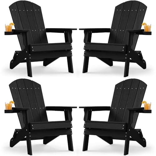 YEFU Adirondack Chair, Foldable Oversized Plastic Adirondack Chair Set of 4 with Cup Holder, Patio Chair with Weather Resistant for Outside Deck Lawn, Weight Capacity Up to 400 Lbs –Black