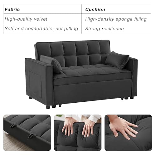 Wakefit 3 in 1 Convertible Sleeper Sofa Bed, Futon Couches for Living Room with Side Pocket | Adjustable Backrest| Velvet Fabric | Pull Out Couch | Loveseat | Sectional Sofa Bed(Black) 5