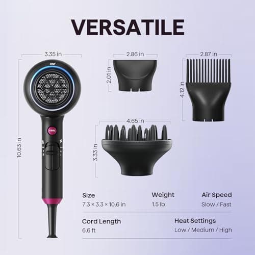 Wavytalk Hair Dryer with Diffuser, Blown Away Ionic Hair Dryer for Curly Hair with Comb, 1875W Fast Drying Blow Dryer with Ceramic Technology, 3 Attachments for All Hair Types, Light and Quiet, Black 6