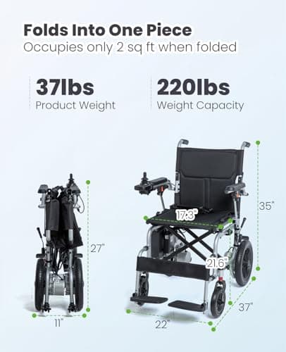 37lbs Lightweight Foldable Electric Wheelchair, Portable Motorized Power Chair for Adults & Seniors, 220lbs Heavy Duty, Brushless Dual Motors, Travel-Friendly Folding with Removable Lithium Battery 8