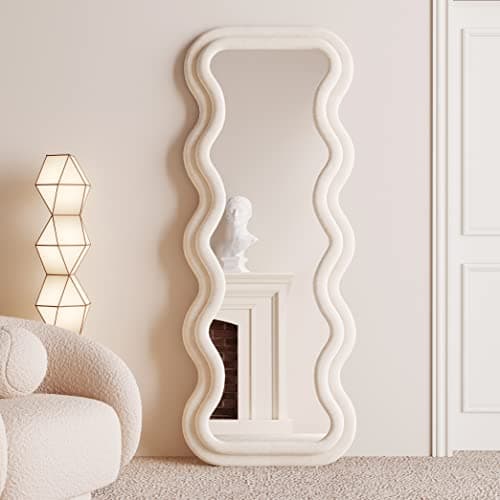 BOJOY Full Length Mirror 63"x24", Irregular Wavy for Standing Hanging or Leaning Against Wall for Bedroom, Flannel Wrapped Wooden Frame-White